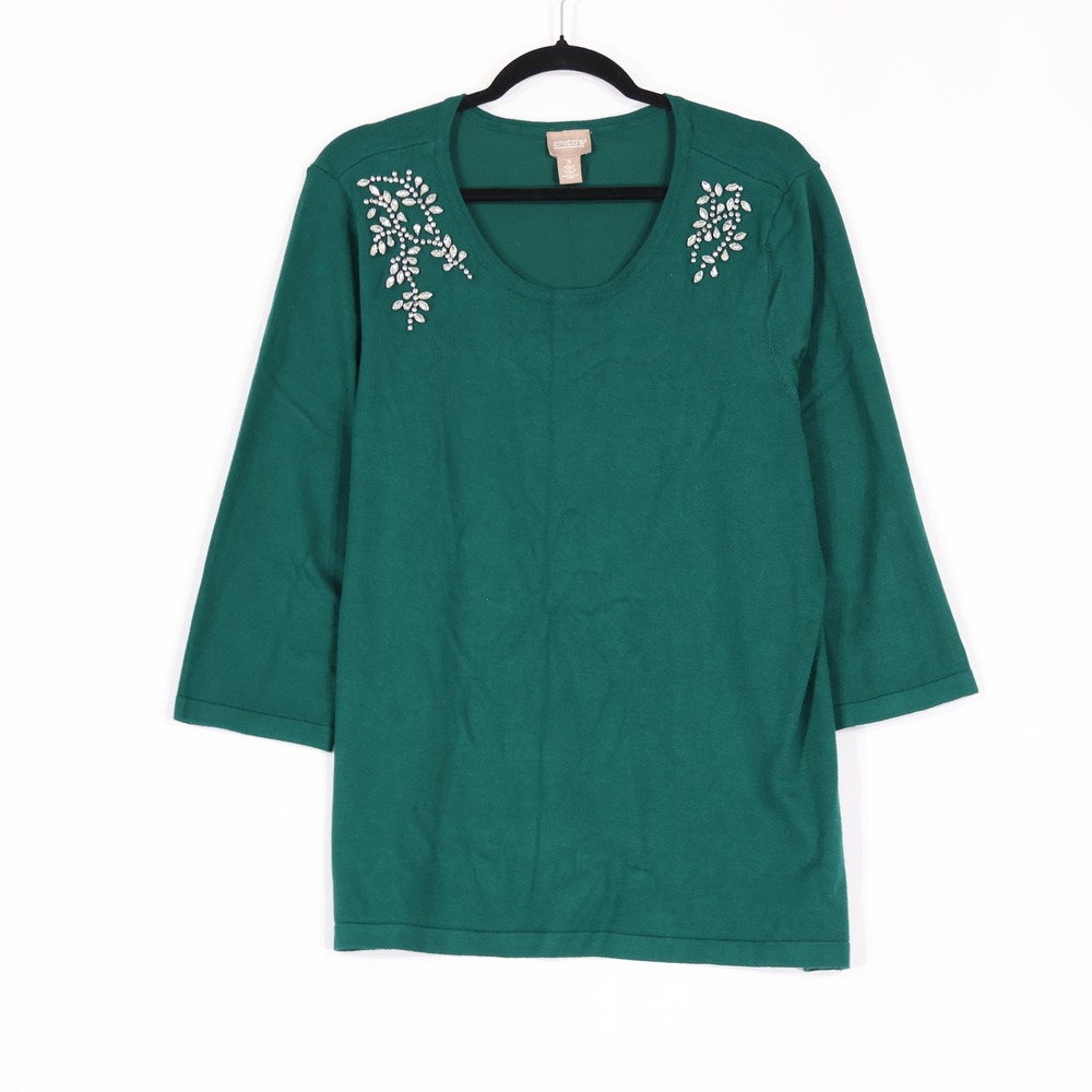Chico's Embellished Knit Top Women Size 3 XL Green Rhinestone 3/4 Sleeve Holiday